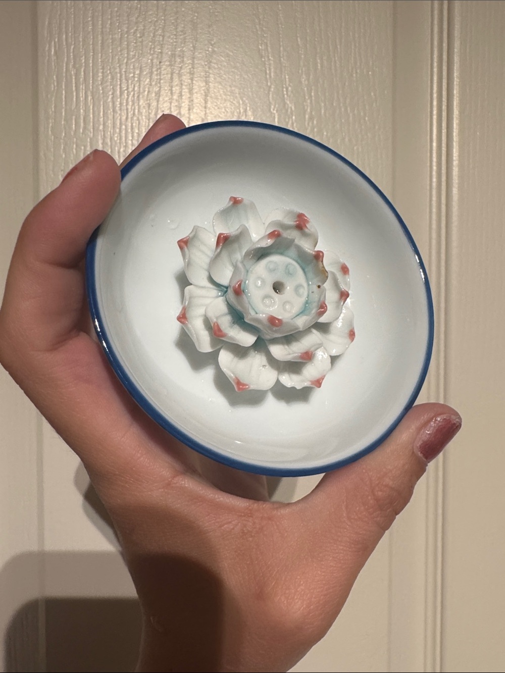 Vintage Handcrafted White Ceramic Lotus Incense Holder with Blue Rim